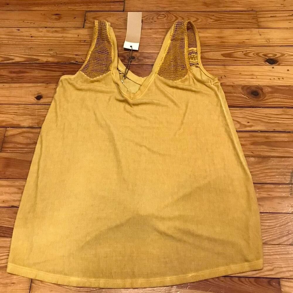 Mustard Yellow Knit Tank Top Knotted Front Crochet Boho White Crow Tank NWT! - Picture 7 of 8